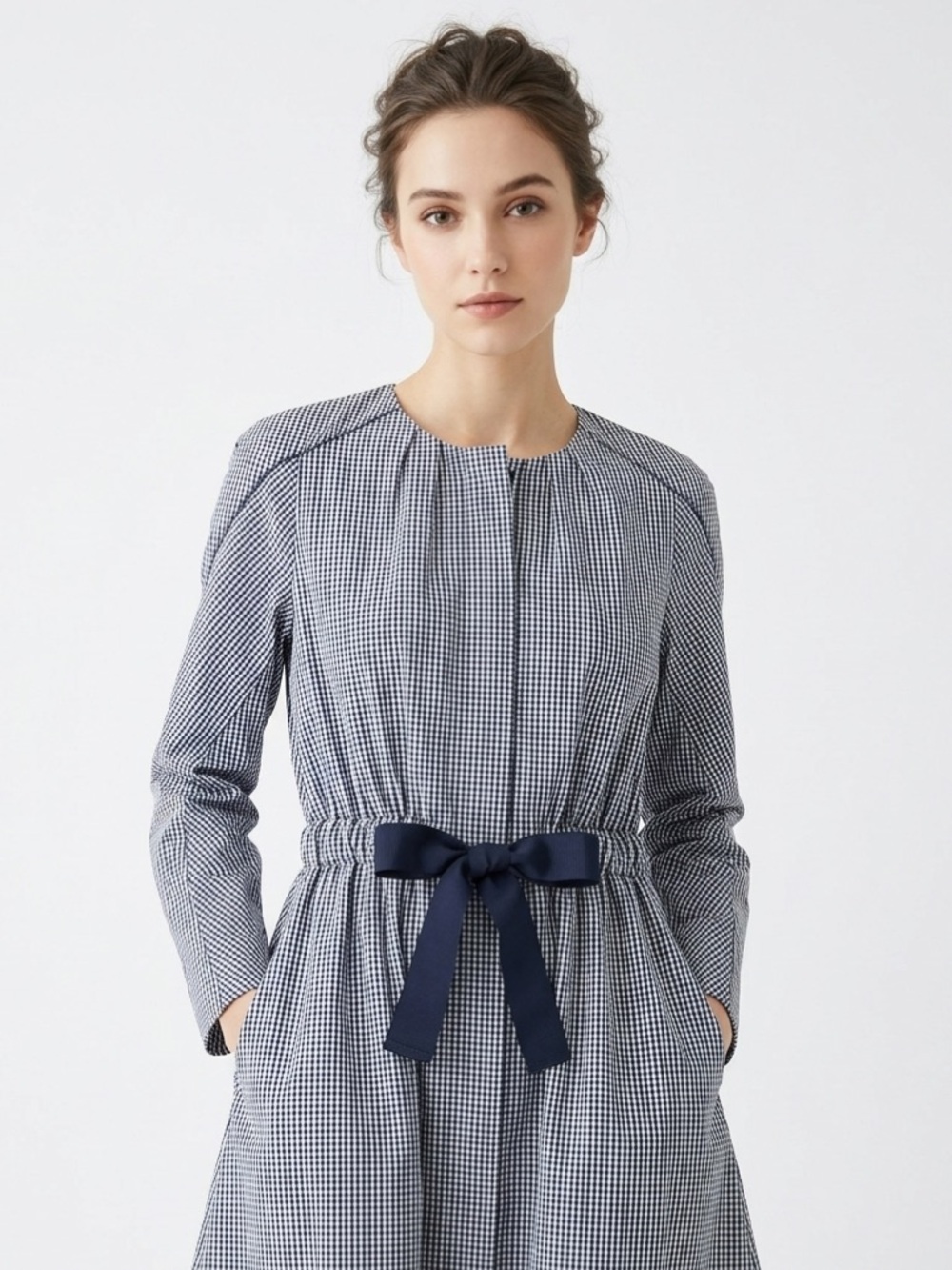 Jill Stuart Blue Gingham Dress Button Front Pocket Structured Fit Flare Size S